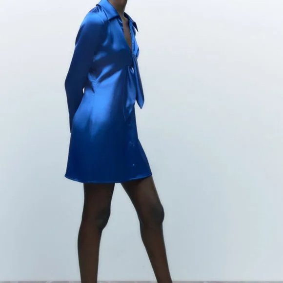 Zara Blue Mini Dress Long Sleeve Notched Collar - Picture 6 of 8